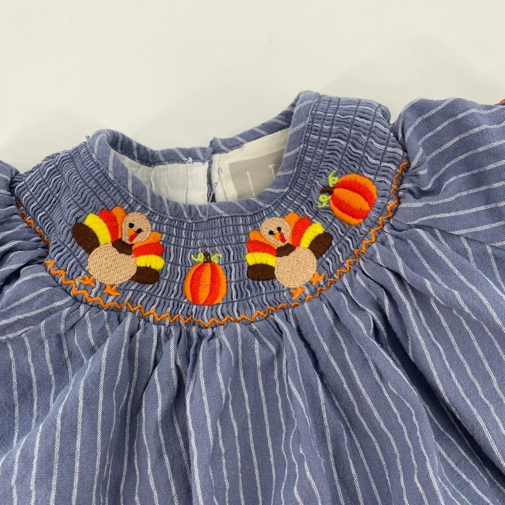 Lil Cactus Smocked Turkey Pumpkin‎ Bloomer Set Baby Girls 18-24M Blue Striped
